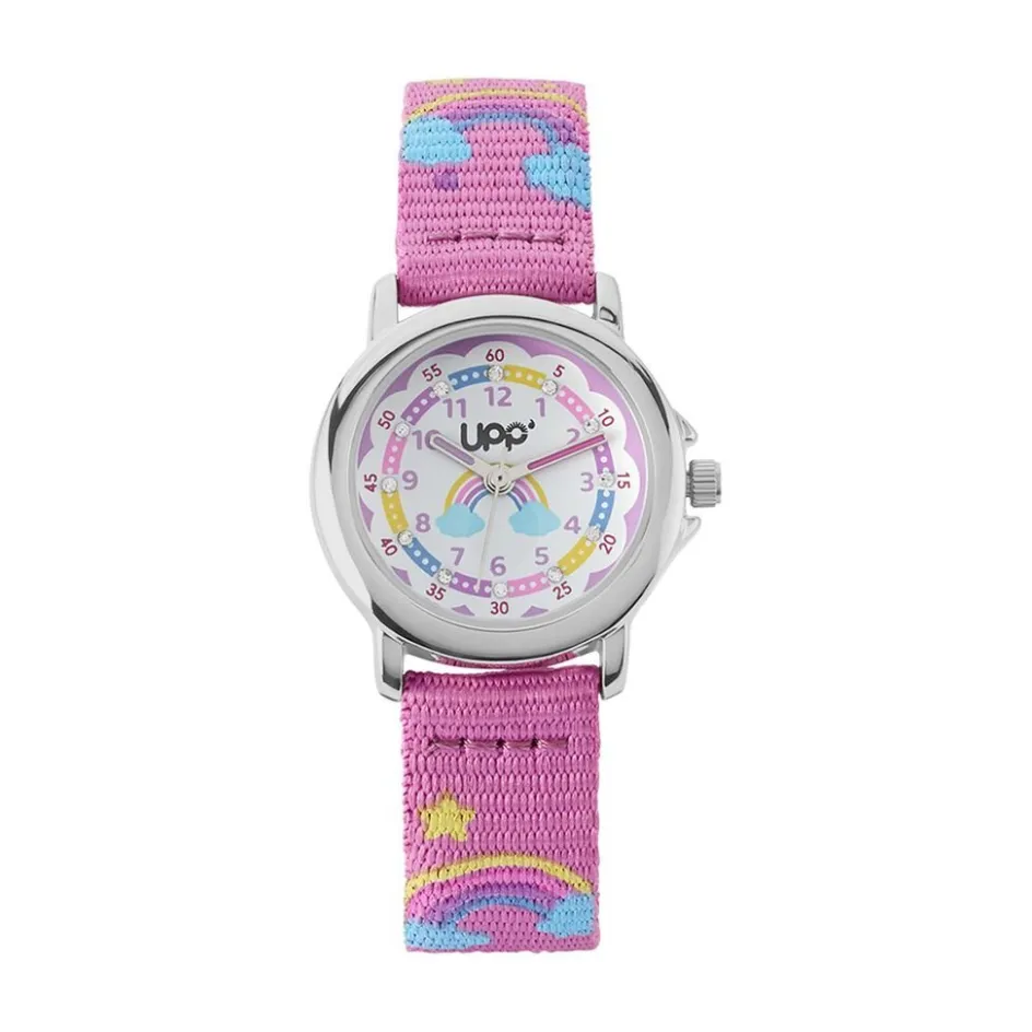 Best UPP Montre Lea Blanc cadran argenté fond multicolore bracelet tissu violet