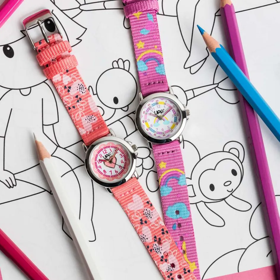 Best UPP Montre Lea Blanc cadran argenté fond multicolore bracelet tissu violet